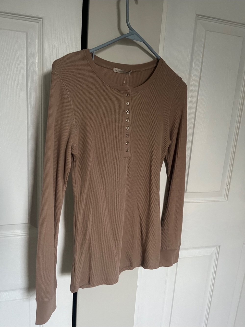 Active USA Taupe Ribbed Henley Long-Sleeve Top